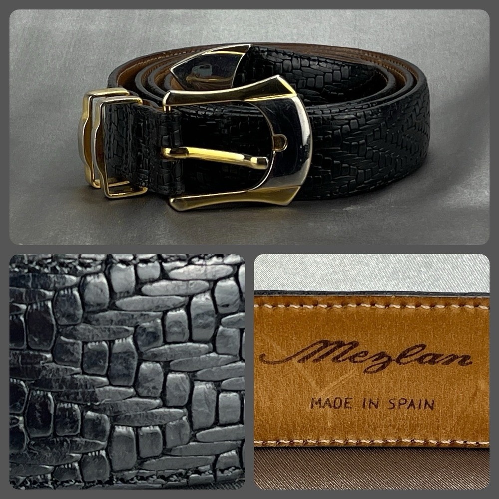 Mezlan Men's Belt Sz 40 Black Woven Leather Silver Gold Tone Buckle Spain M3531